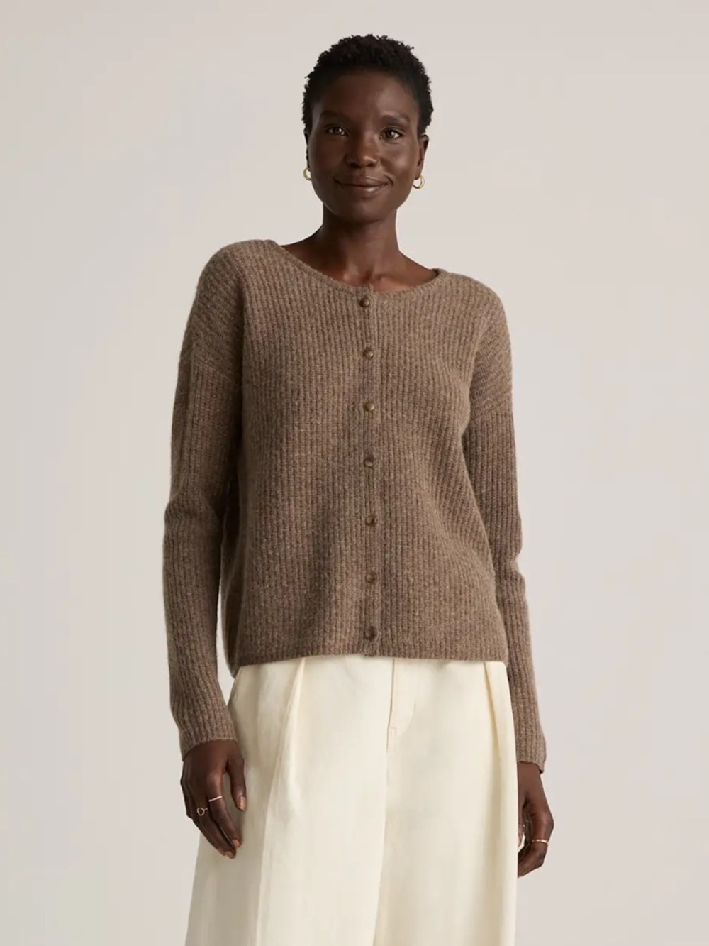 Quince 100% Yak Soft Rib Crew Cardigan In Heather Brown Medium - Picture 2 of 9